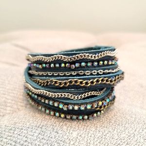 Forest Green Leather Embellished Wrap Bracelet